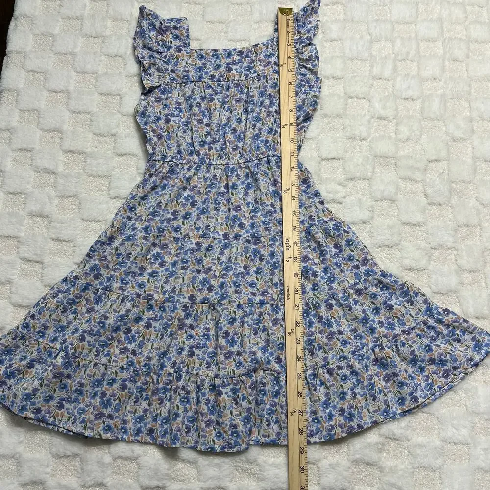 Hayden Girls Size S Blue Tiered Ruffle Sleeve Dress Square Neck